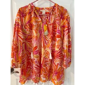 C&C California Tropical Palm Print Tassel Tunic Top Flowy Boho Beach Medium NWT